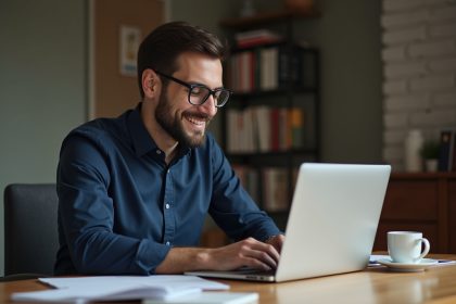 Jeune homme concentré travaillant sur son ordinateur dans un bureau cosy