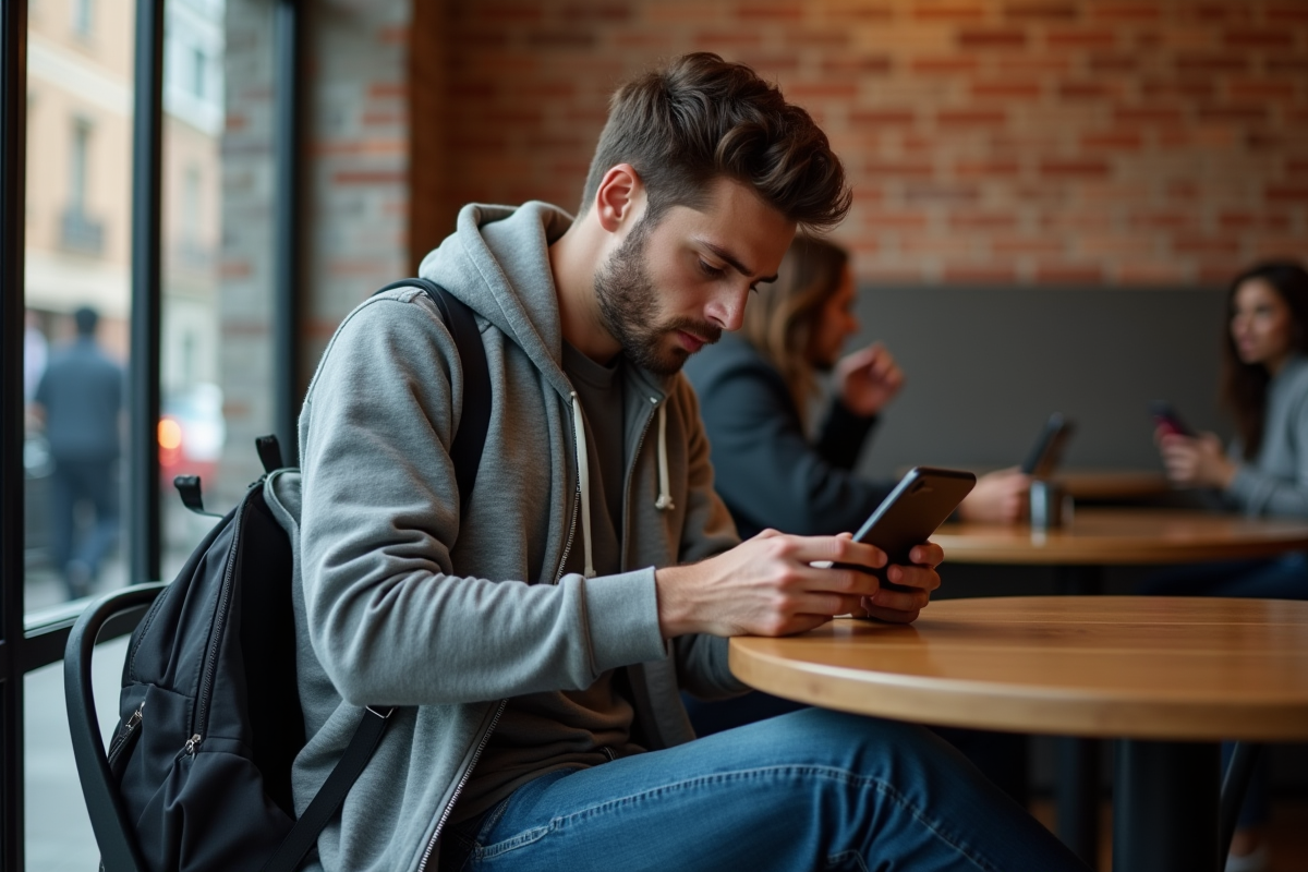 Jeune homme vérifiant ses paramètres de confidentialité au café