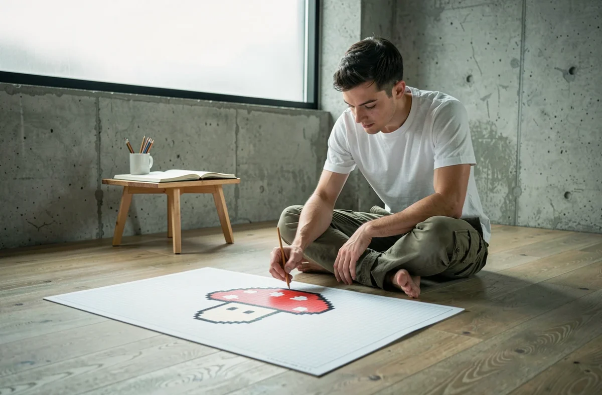 Jeune homme assis sur le sol d'un studio dessinant un personnage 8-bit sur une grande grille pixel art imprimée