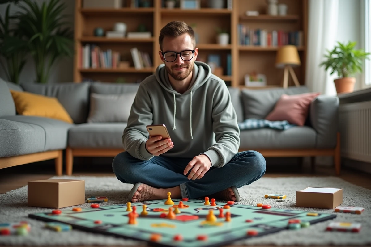 Jeune homme joue aux Monopoly dans le salon avec un smartphone
