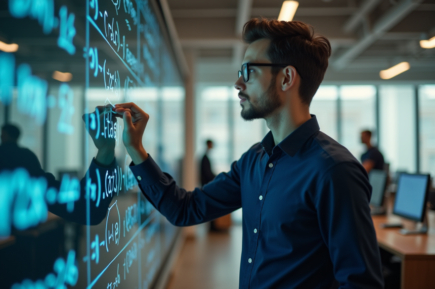 Jeune homme en bureau résolvant une équation mathématique