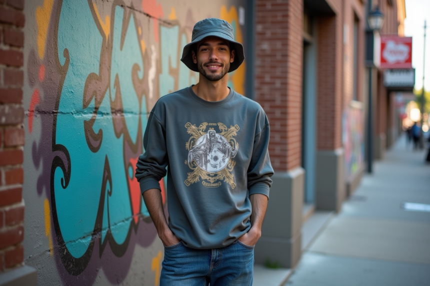Jeune homme souriant devant un mur graffiti urbain