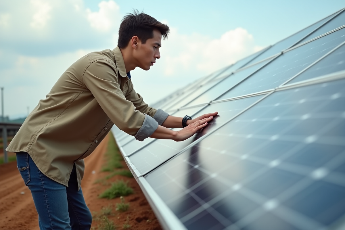 Jeune homme examinant des panneaux solaires au sol