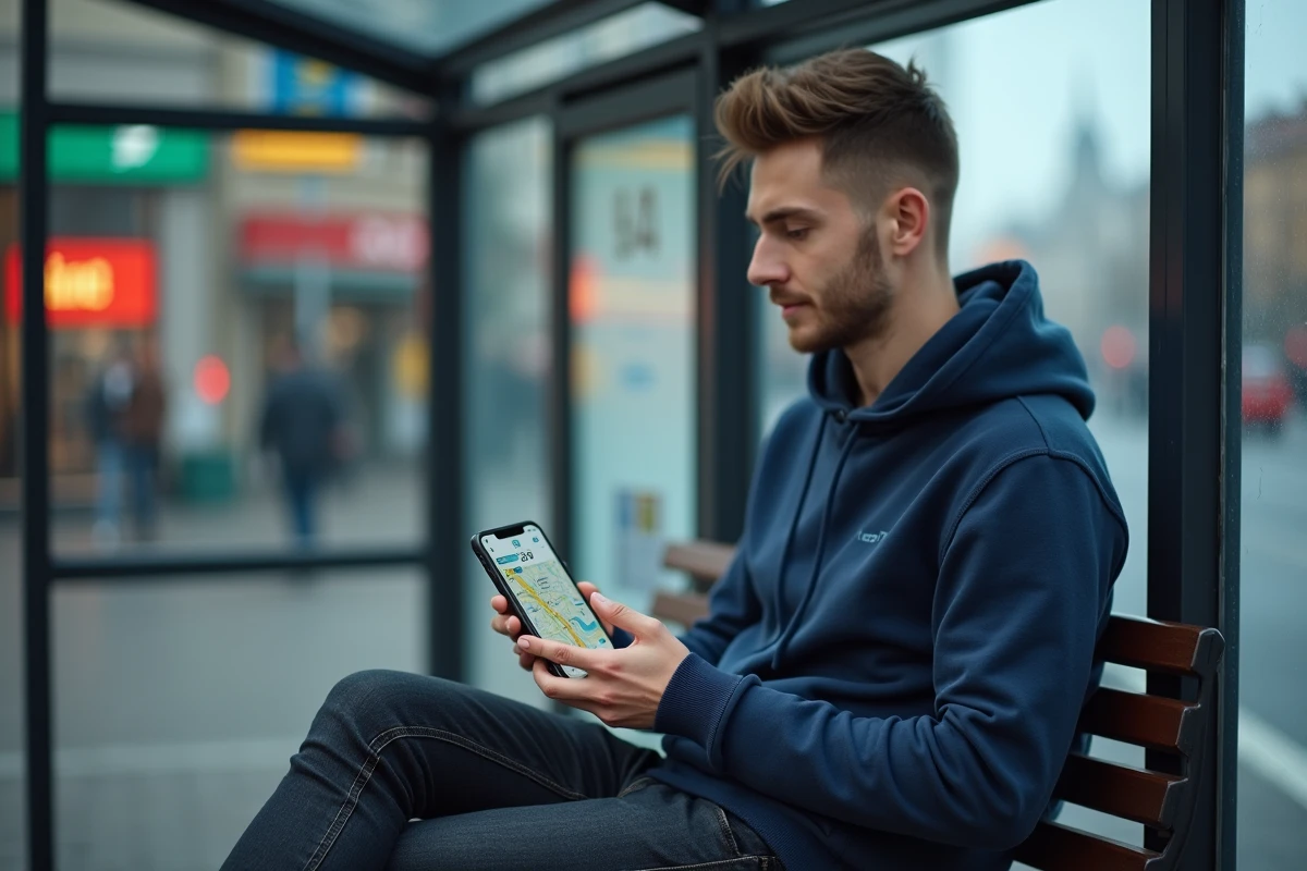 Jeune homme consultant le plan numérique de la ligne 92 sur son téléphone dans un abribus