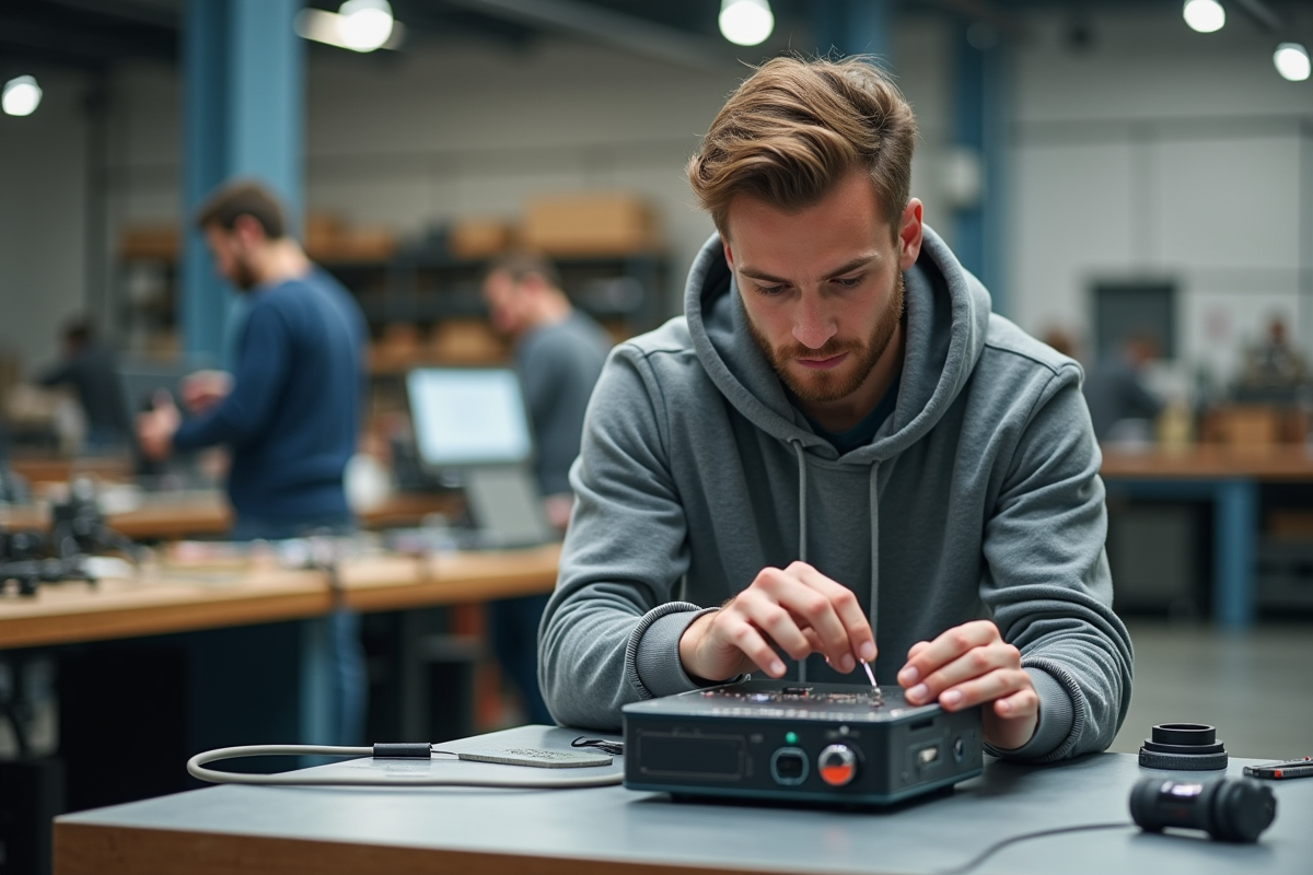 Jeune homme examinant un prototype dans un atelier industriel