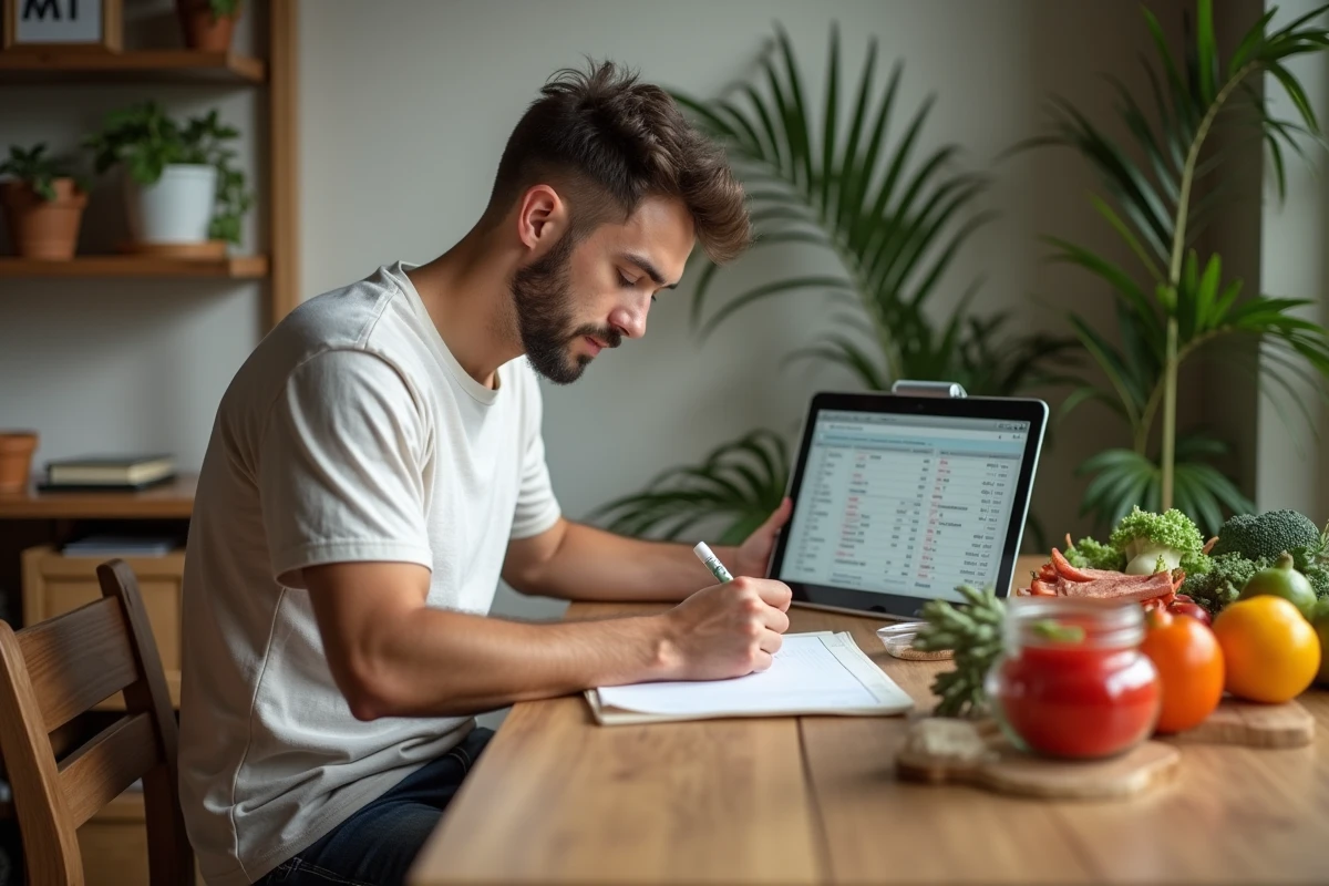 Jeune homme ajustant des mesures avec tablette et carnet