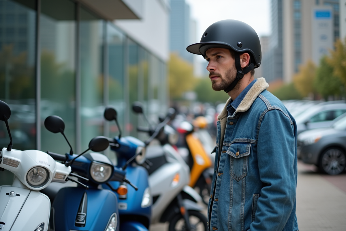 Jeune homme examine des scooters 50cc en ville