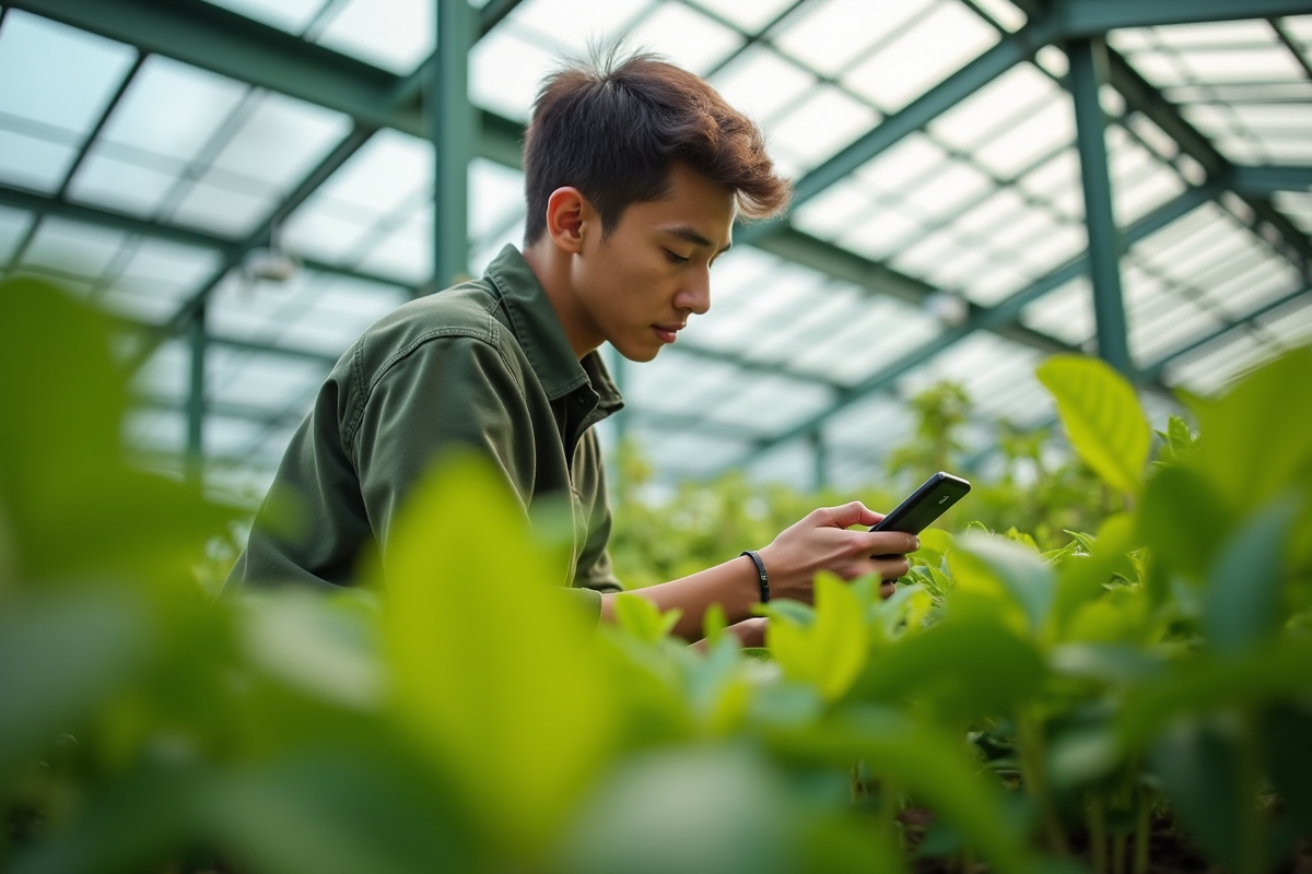 Jeune horticulteur examinant des plantes vertes dans une serre