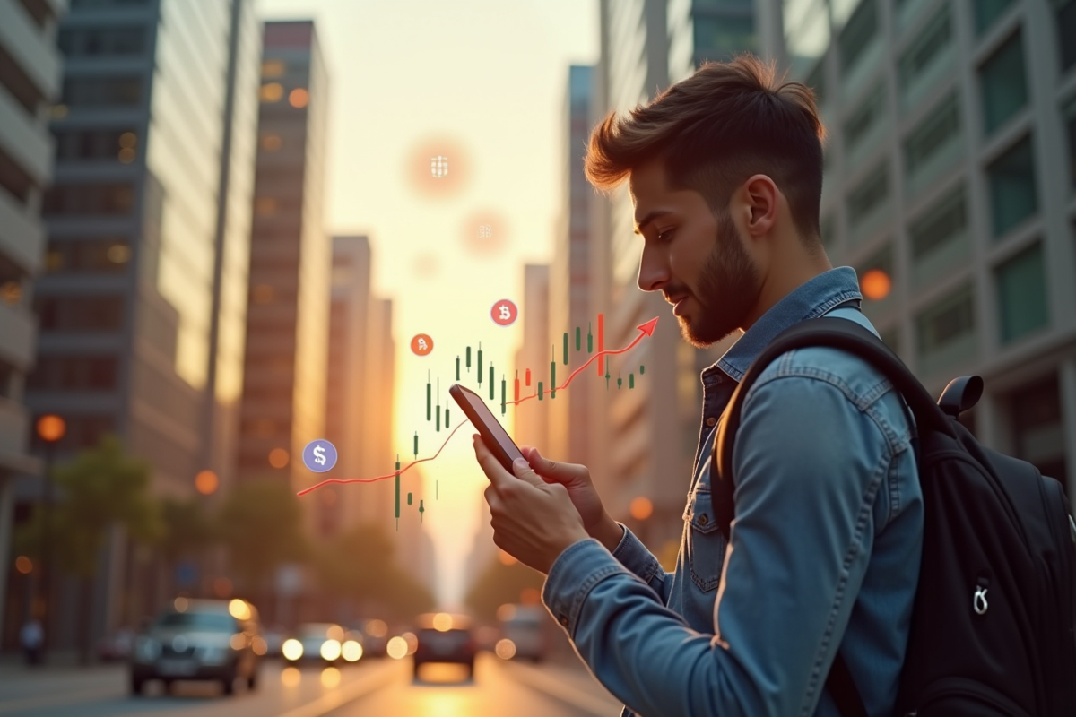 Jeune investisseur regardant un graphique crypto sur smartphone