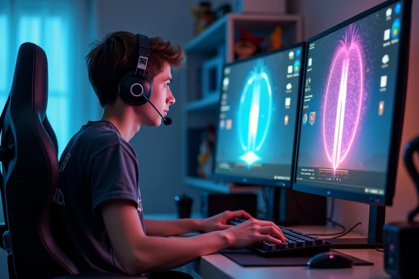 Jeune homme concentr&eacute; jouant &agrave; dofus sur double &eacute;cran