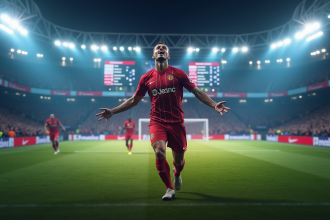 Joueur du RC Lens célébrant devant un tableau de classement