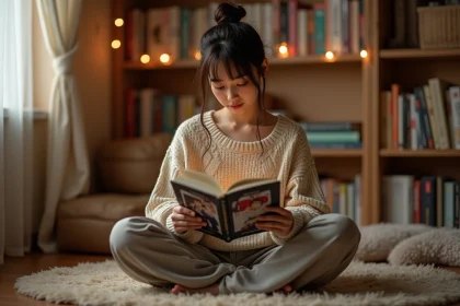 Jeune femme lisant un manhwa dans sa chambre confortable, illustrant l'engouement pour Just Friends en version française
