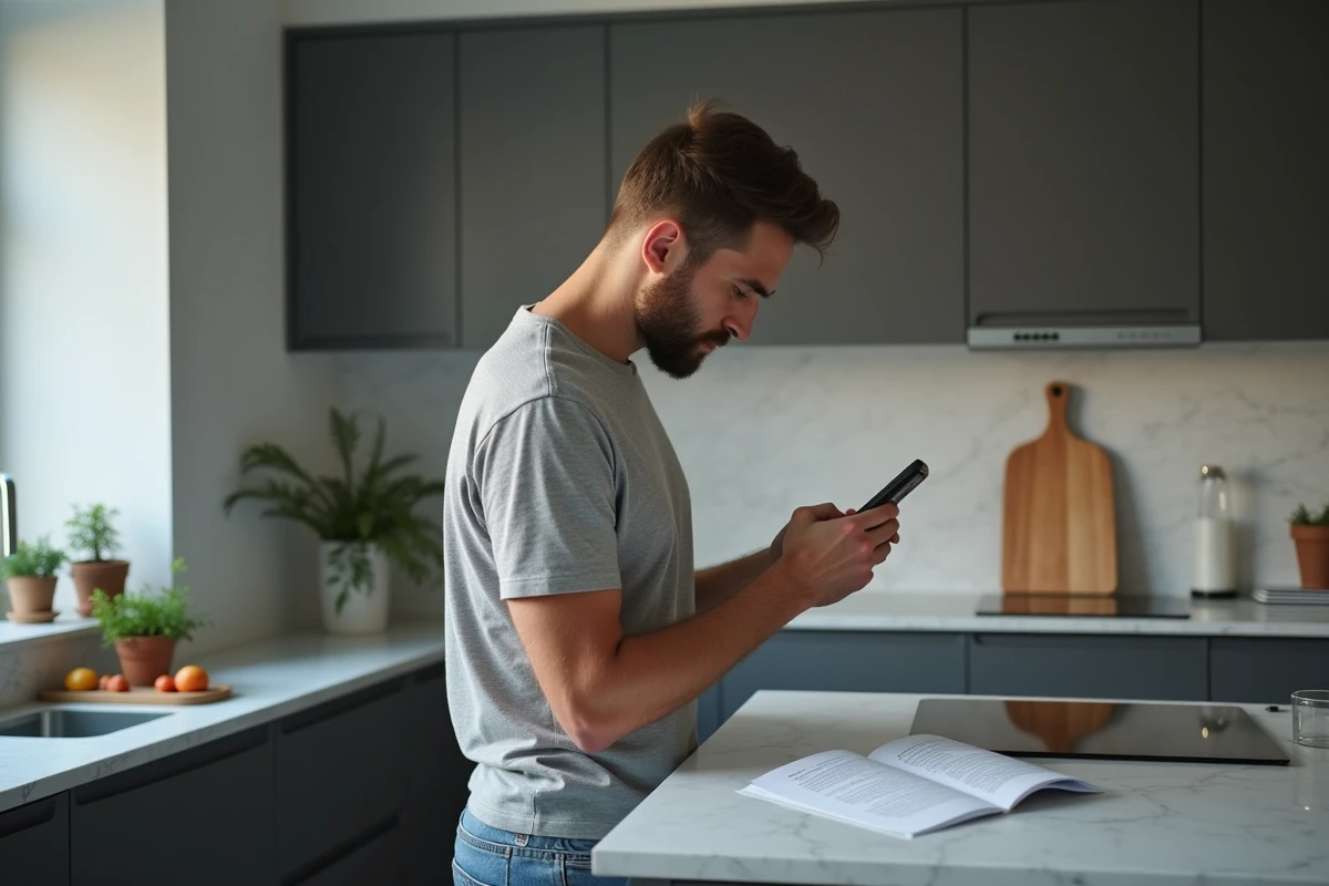 Homme vérifiant les limites légales d'une recherche par numéro de téléphone sur smartphone dans une cuisine moderne