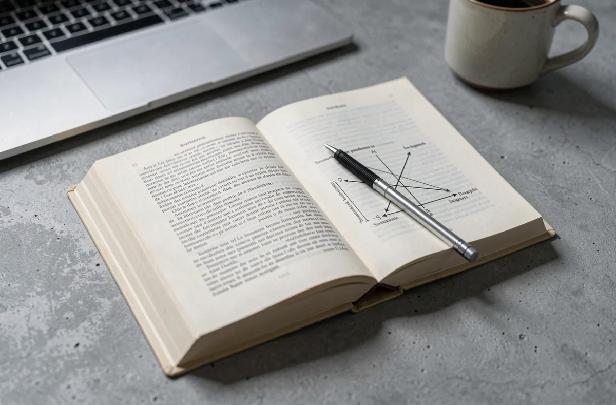 Livre académique ouvert sur une définition paradigmatique en linguistique posé sur un bureau en béton avec crayon et notes