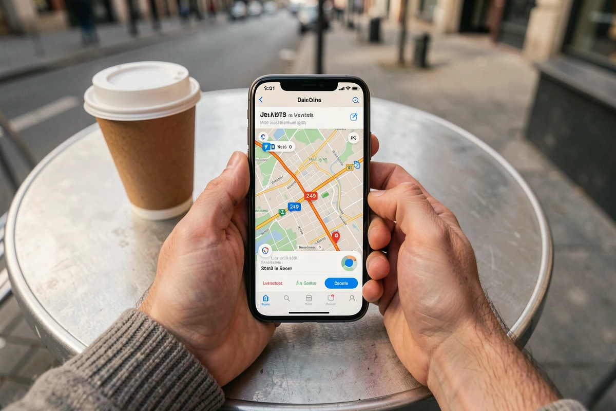 Mains tenant un smartphone affichant une application de suivi de bus en temps réel avec la ligne 249 sur une carte interactive
