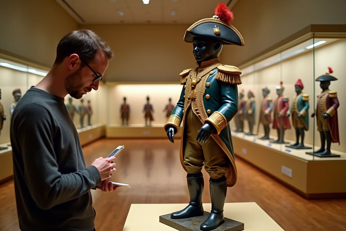 Le Manneken Pis en costume cérémonial exposé au Musée de la Ville de Bruxelles avec un visiteur admirant la collection