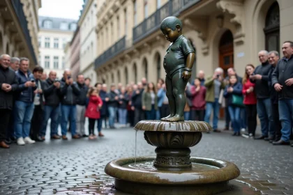 Le Manneken Pis vu depuis le bas avec des touristes en cercle autour de la fontaine à Bruxelles