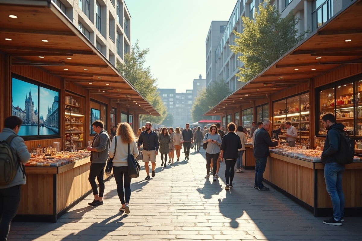 Marché en plein air avec kiosques hightech et visiteurs explorant des produits