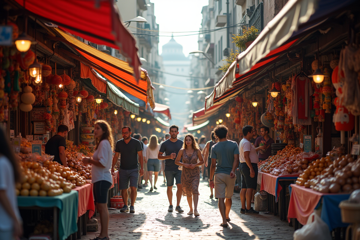 Un marché en plein air animé avec vendeurs et acheteurs colorés en matinée