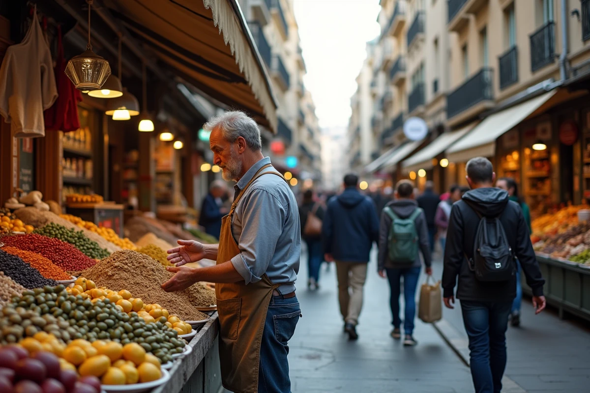Marché animé du quartier Noailles à Marseille avec un vendeur et des étals de produits colorés