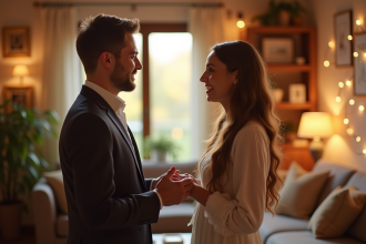 Couple échangeant leurs vœux dans un salon lumineux