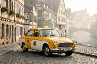 Un taxi garé sur une rue pavée de Strasbourg avec l'architecture alsacienne typique en arrière-plan, illustrant le thème des meilleures compagnies de taxis du Bas-Rhin