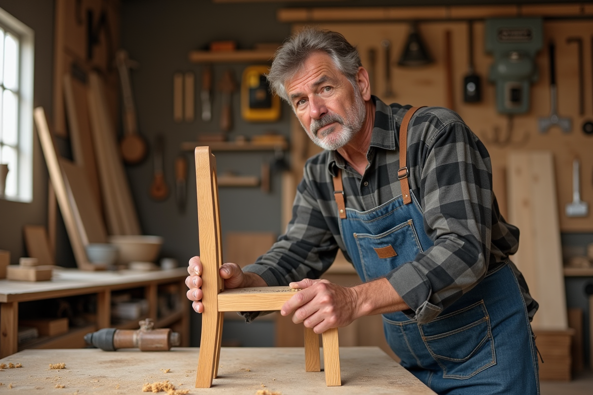 Homme menuisier sculptant une jambe de chaise en bois