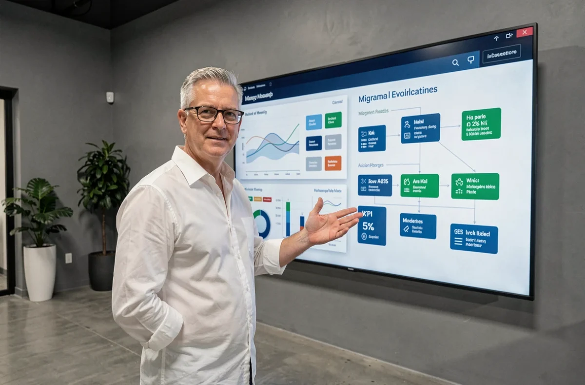 Responsable technique présentant une architecture de migration vers une nouvelle plateforme analytique sur écran interactif
