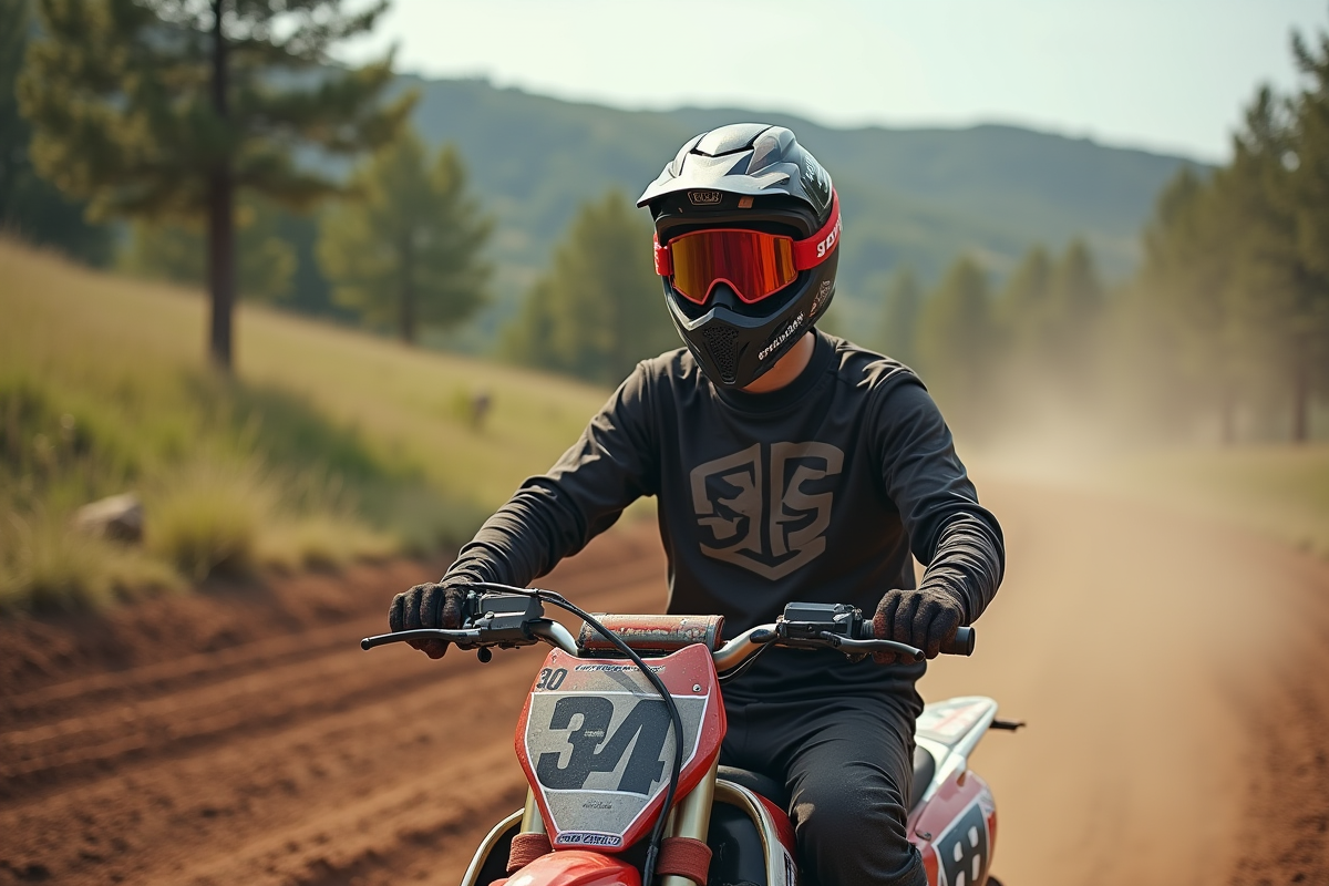 Jeune motocross rider en tenue sur sa moto en plein air