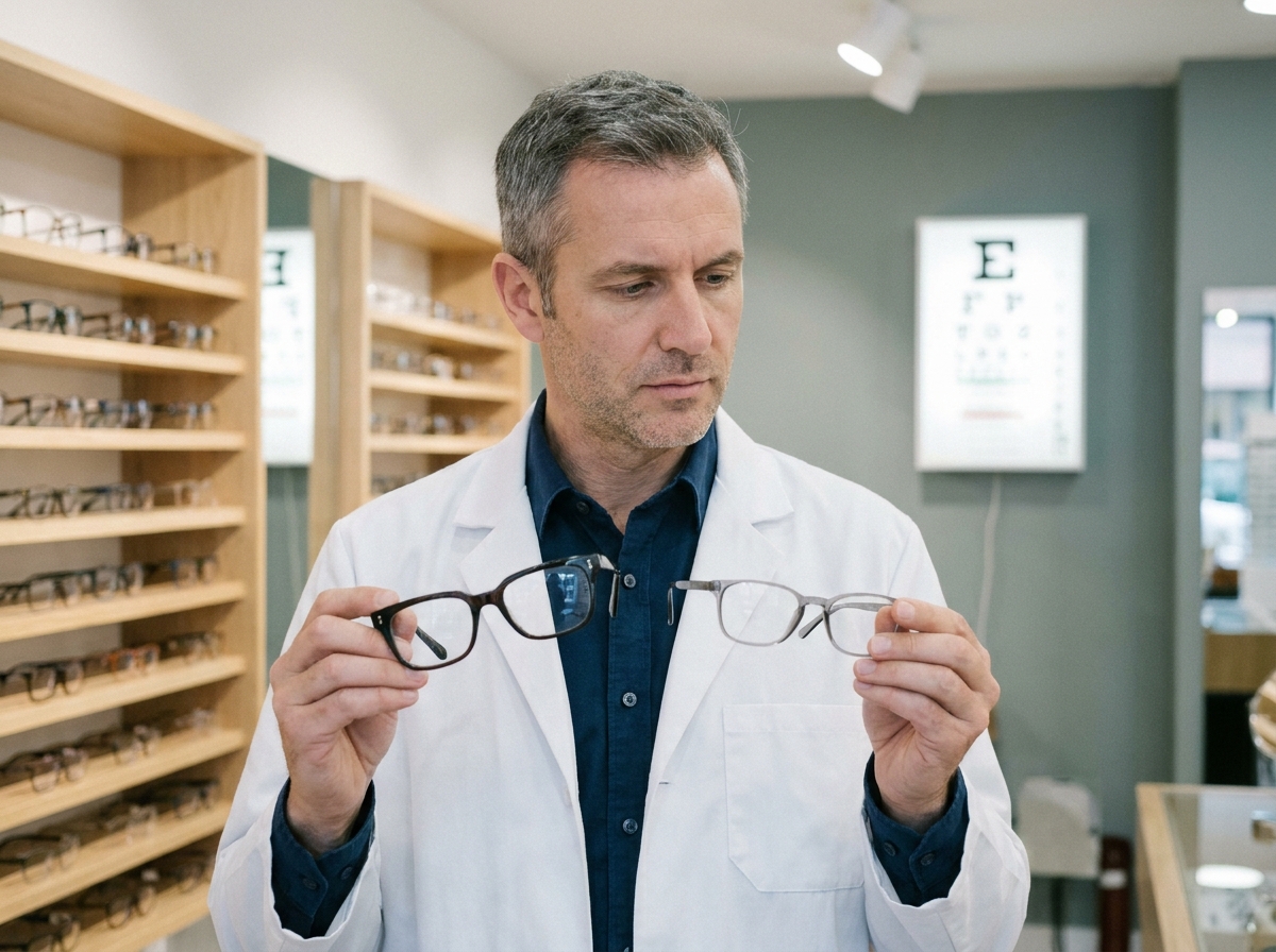 Opticien comparant des lunettes de qualité et des lunettes low cost dans une boutique d'optique professionnelle