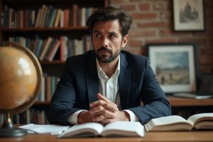 Portrait d'un homme d'origine mixte au bureau, entouré de livres et de symboles culturels, illustrant l'influence des racines sur la pensée politique