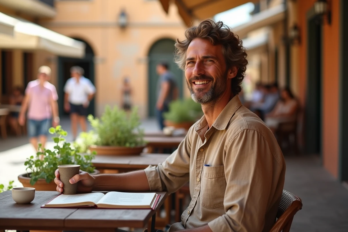Homme d'origines culturelles diverses en terrasse de café méditerranéen, illustrant la réflexion identitaire et l'influence des racines sur la vision politique