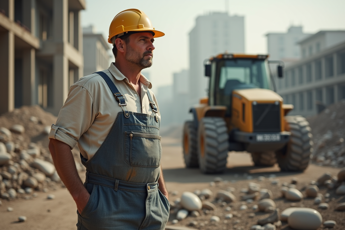 Ouvrier en tenue de chantier regardant au loin sur un site urbain