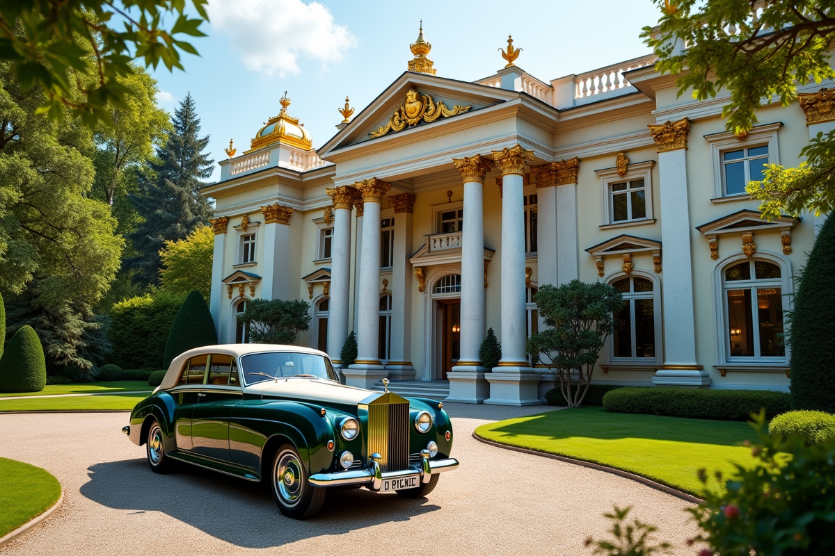 Palais historique avec jardins luxuriants et voiture de luxe
