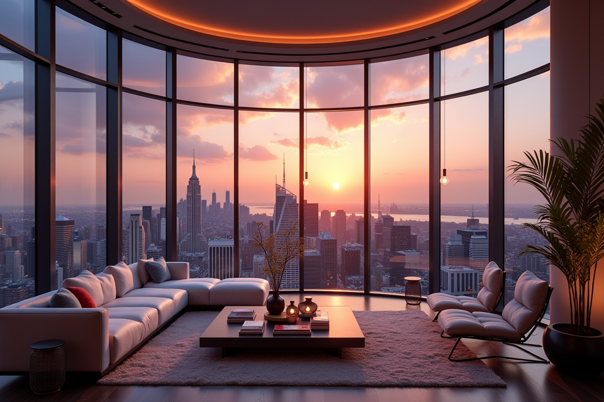 Penthouse ultraluxe avec vue sur la ville au coucher de soleil