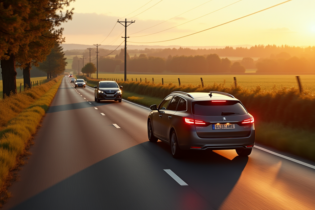 Peugeot 308 en conduite dans la campagne en fin d