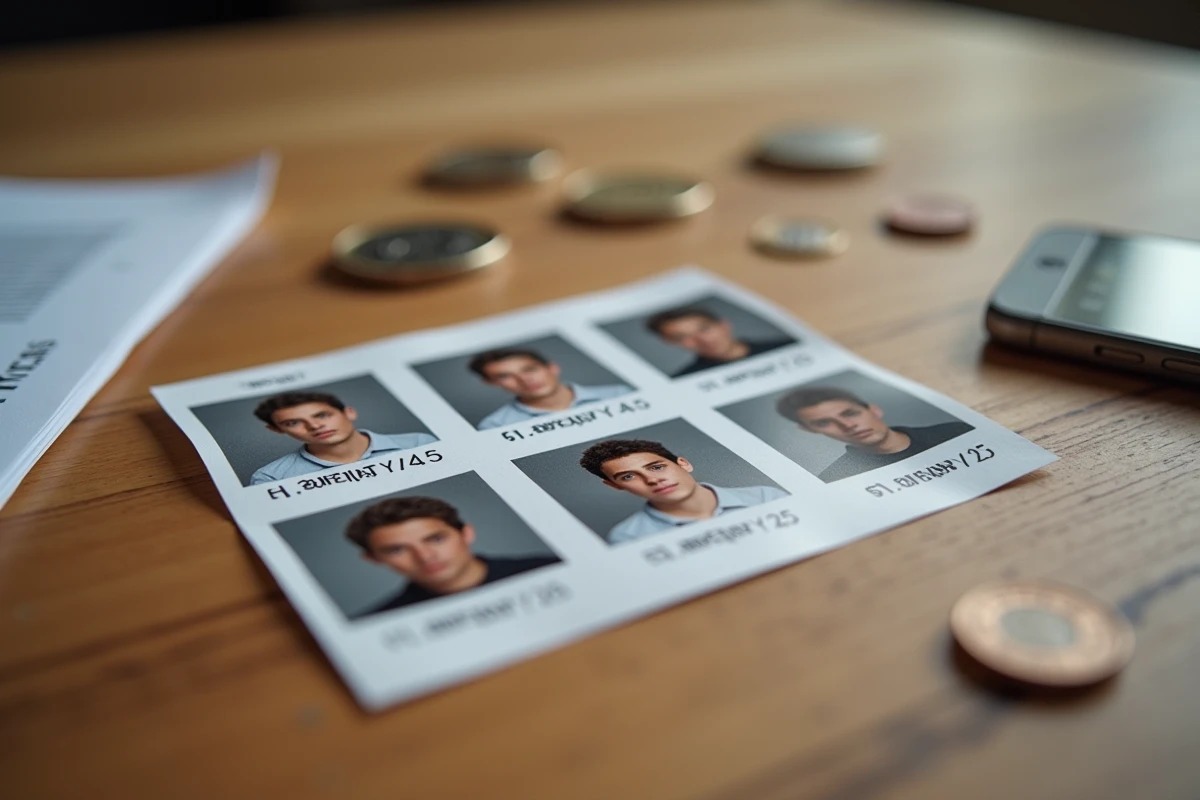 Bande de photos d'identité photomaton imprimées posée sur une table avec des pièces en euros