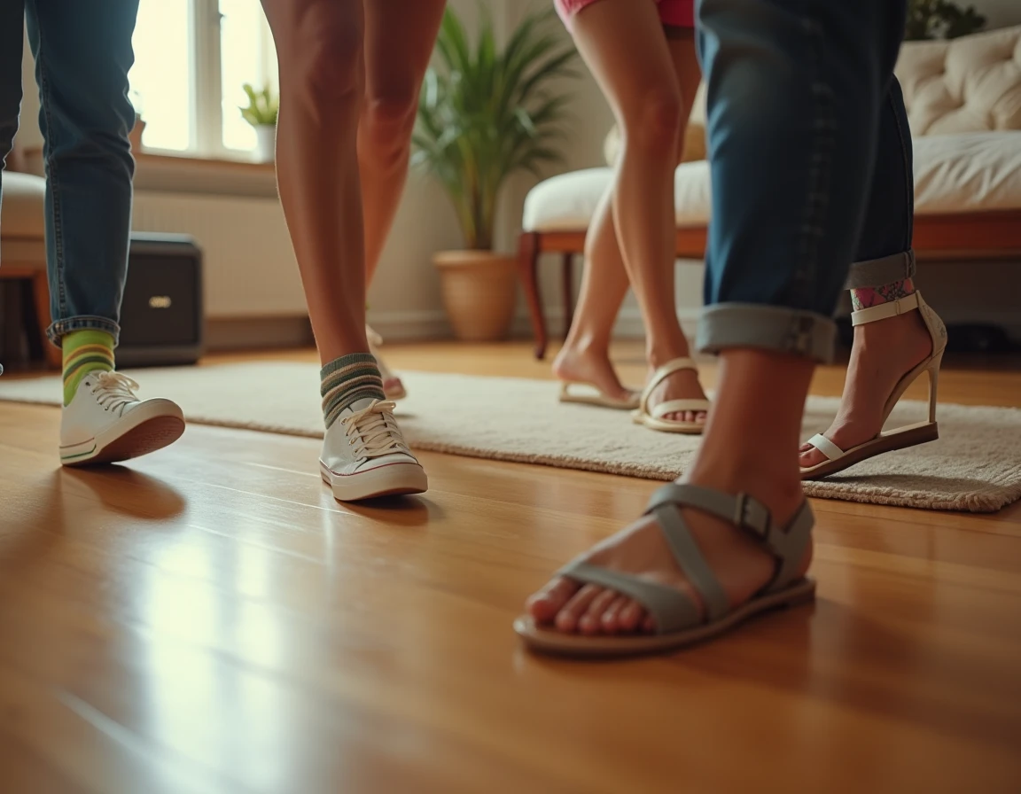Gros plan sur les pieds de plusieurs amis dansant sur un parquet en chêne lors d'une soirée en salon