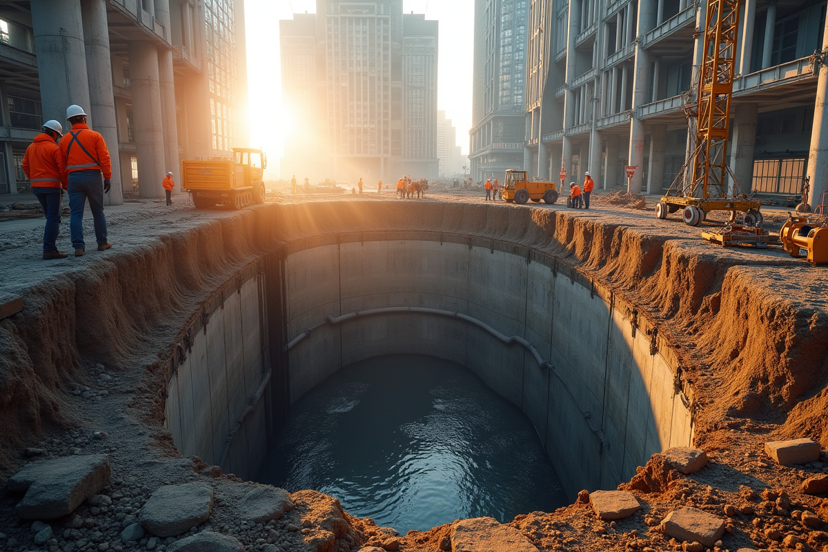 Vue en coupe des pieux en beton sous un immeuble en terrain difficile