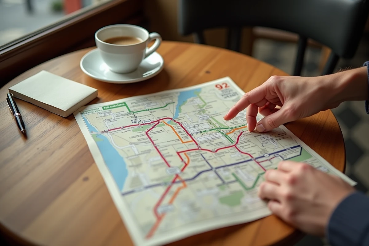 Plan papier déplié de la ligne de bus 92 avec tous les arrêts posé sur une table de café
