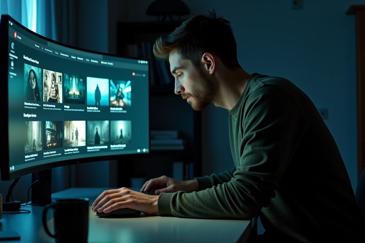 Homme cherchant des films d'horreur sur une plateforme de streaming légale depuis son bureau à domicile