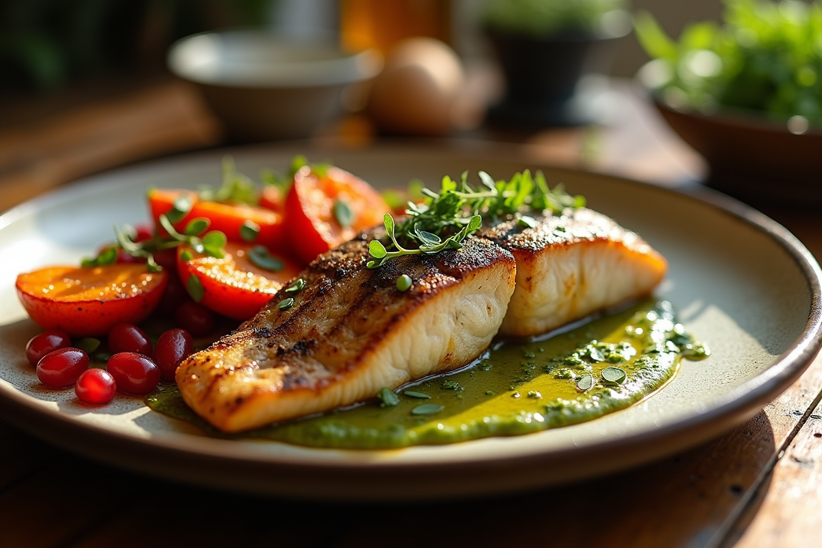 Poisson grillé avec légumes rôtis et sauce aux herbes sur table en bois