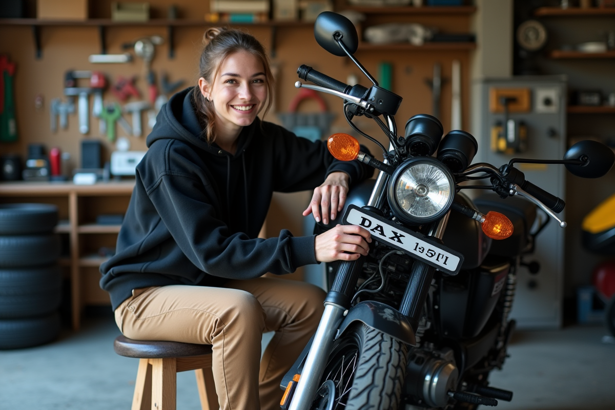 Jeune femme polissant une moto Dax 125 dans un garage