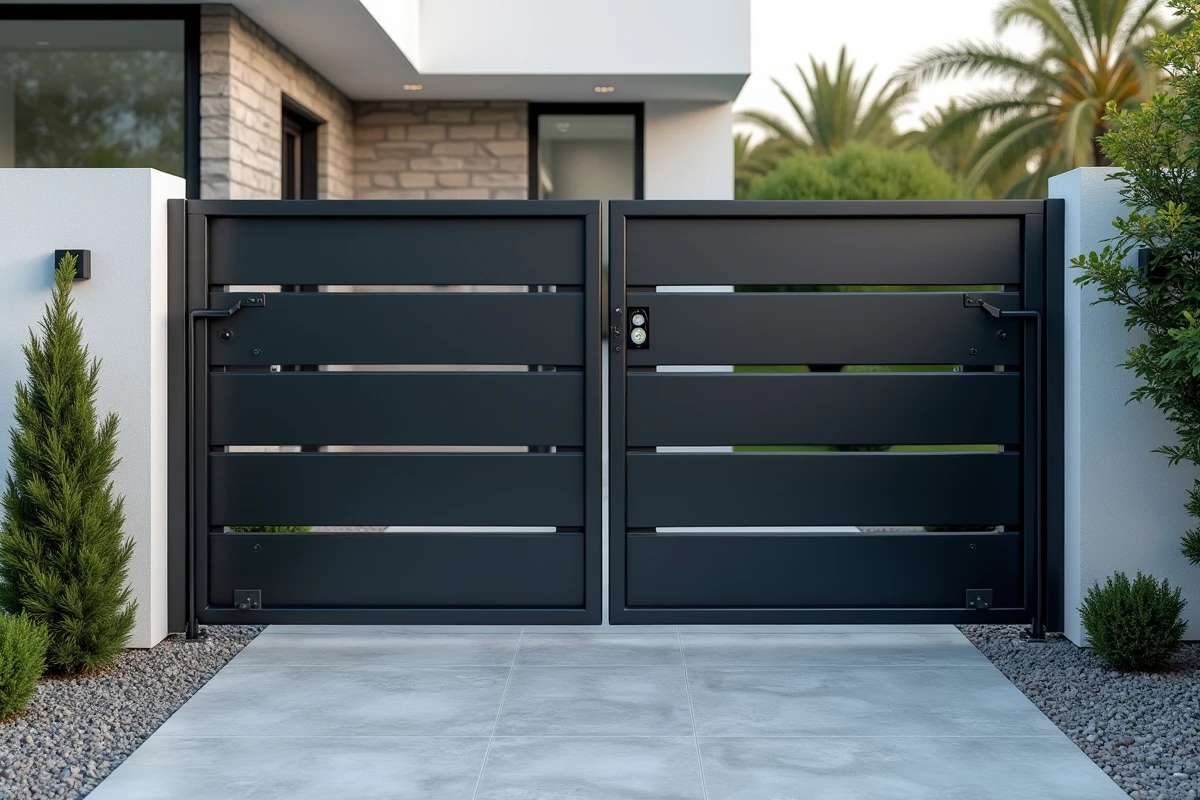 Portail d'entrée en barreaux aluminium noir mat entrouvert sur une allée pavée menant à une villa moderne