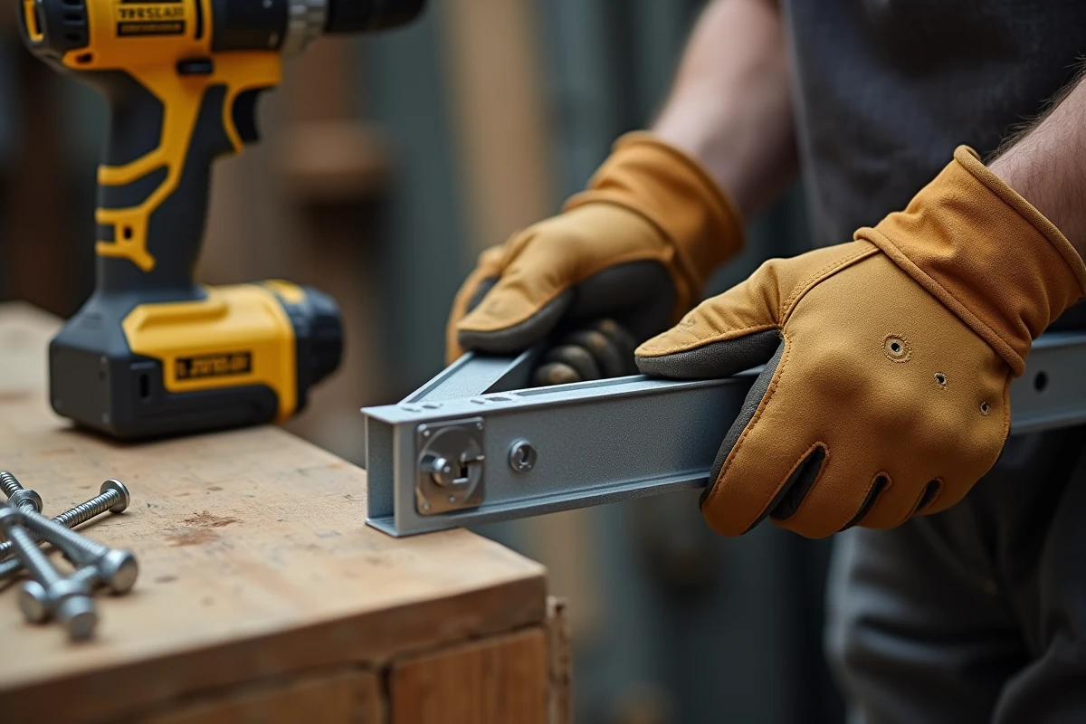 Pose d'un barreau en aluminium sur un portail par un artisan portant des gants de travail en cuir