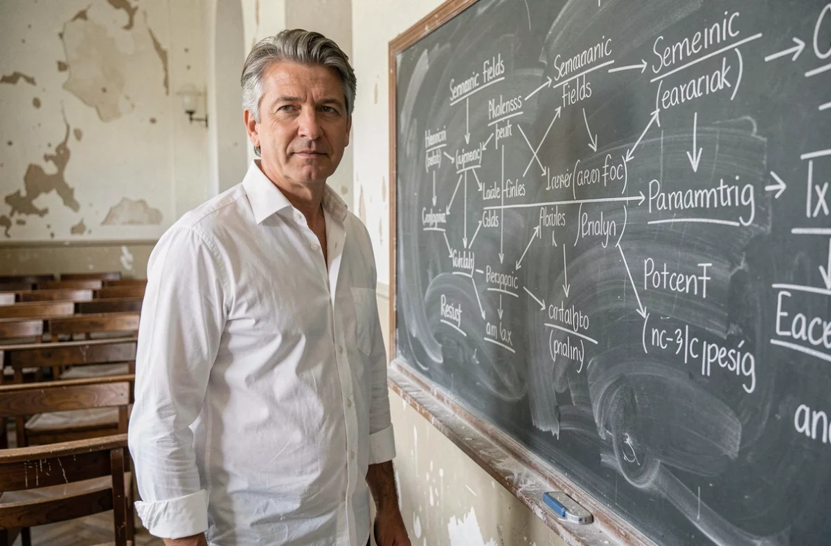 Professeur de philosophie devant un tableau de cours illustrant les relations paradigmatiques en linguistique