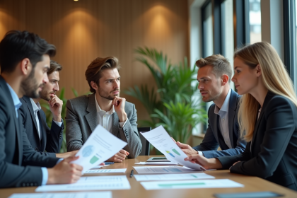 Groupe de professionnels en réunion autour de rapports durables