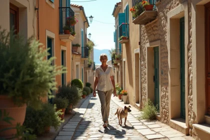 Rue calme et résidentielle d'un quartier paisible de Marseille avec des façades en pierre et une femme promenant son chien