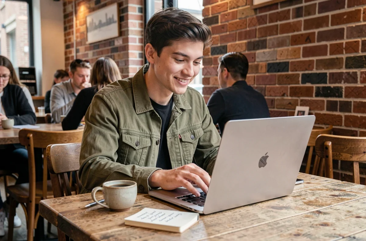 Jeune personne saisissant le symbole environ sur un MacBook dans un café, avec des notes manuscrites sur les raccourcis clavier Mac et Linux