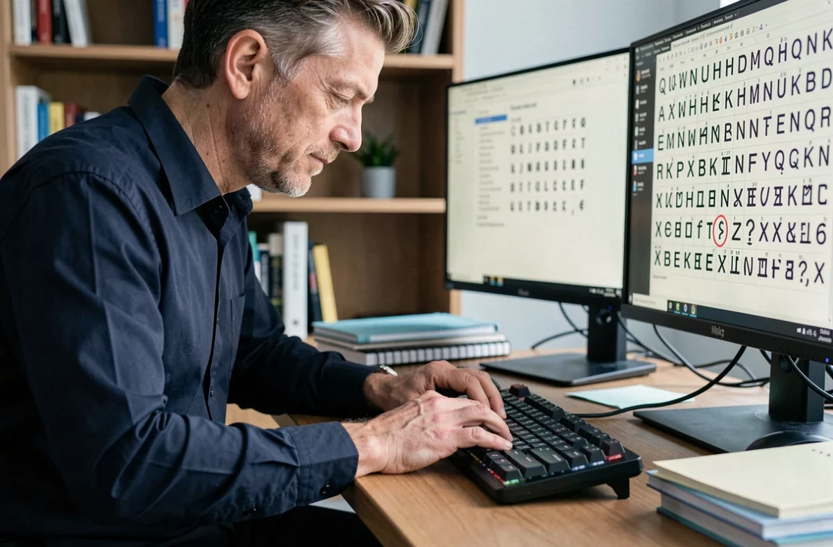 Homme utilisant un raccourci clavier Windows sur un bureau professionnel pour saisir le symbole approximatif ≈ via une table de caractères Unicode